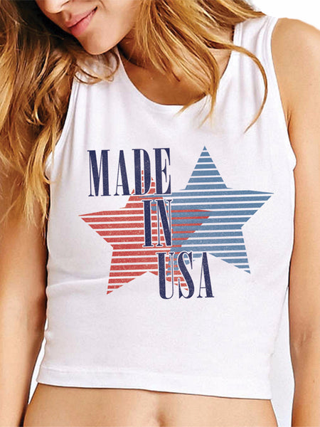 Made in the USA red and blue graphic on a white crop tank