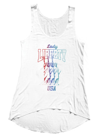 Lady liberty repeat graphic in red, white, & blue on a white high low muscle tank
