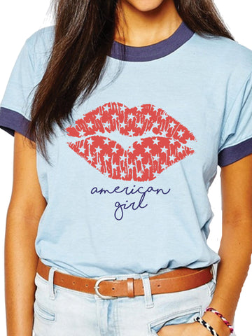 Show American pride with starry lips in this American girl retro patriotic ringer.