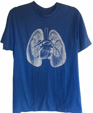 Blue Heather Tee with Lungs and heart