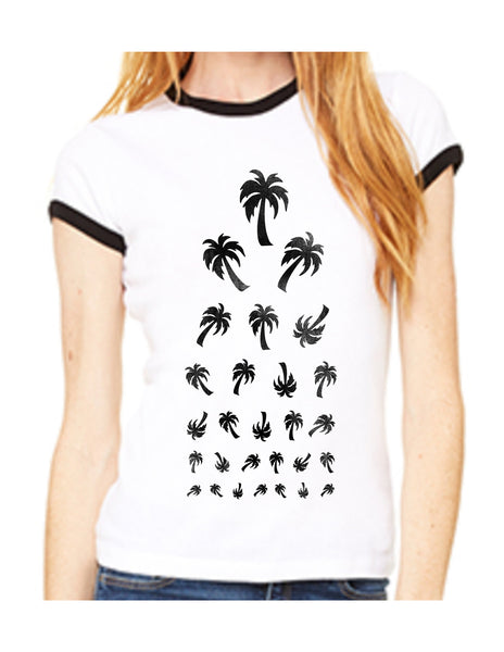 Seeing eye chart palm trees white and black ringer tee