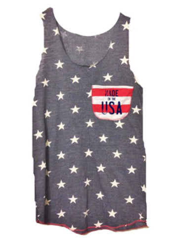 All over stars navy tank with a made in the USA graphic pocket hit 