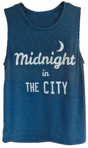 Midnight in the city mystical graphic tee on heather turquoise muscle