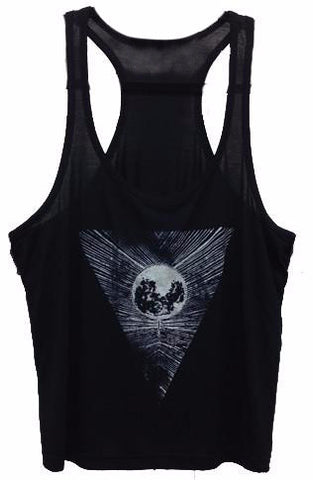 Mystical moon and rays graphic on a black racerback tank