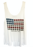 Wear your American pride in this sweetly patriotic American Girl daisy flag off white open back tank.