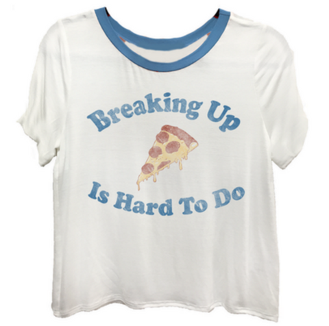 Sometimes breaking up is hard to do, but pizza makes everything better in this white & blue ringer tee.