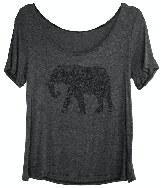 Take a walk with this intricate, artistic, elephant on a scoop neck charcoal butterfly tee.