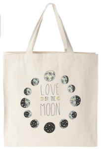 love by the moon graphic on canvas tote