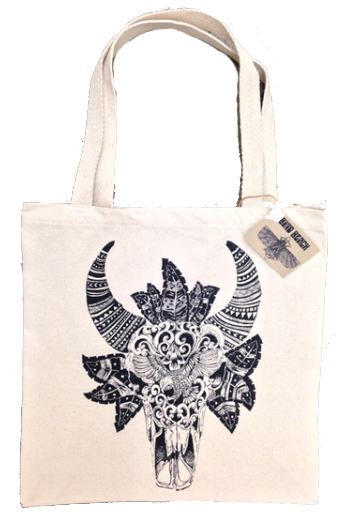 Balinese bull hand drawn graphic on canvas tote