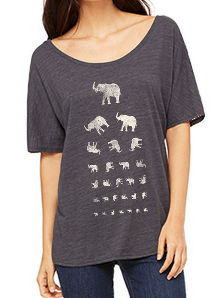 Check your vision with this elephant eye chart on a scoop neck charcoal heather tee.