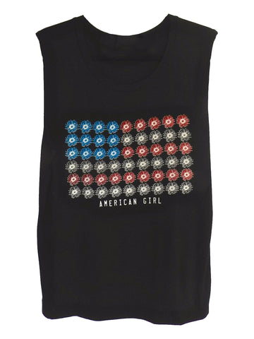 Show American pride in this sweetly patriotic American Girl daisy flag black muscle tank.