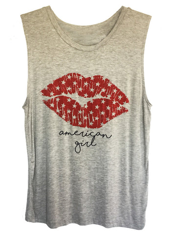 Show American pride in this American Girl starry lips heather grey muscle tank.