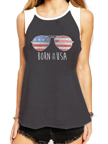 Born in the USA  Charcoal and White Raglan Muscle Tank