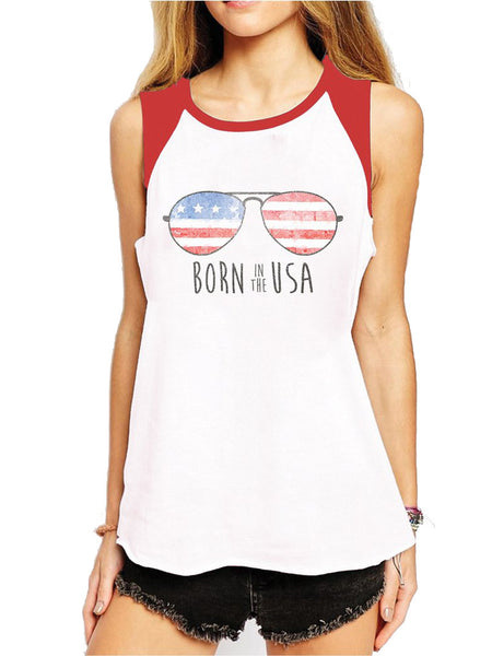 Born in the USA White and Red Raglan Muscle Tank