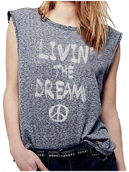 Start 'Living The Dream' and promote peace in this triblend grey muscle graphic tee.