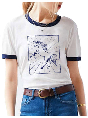 Hand drawn mystical unicorn on a white and blue ringer tee